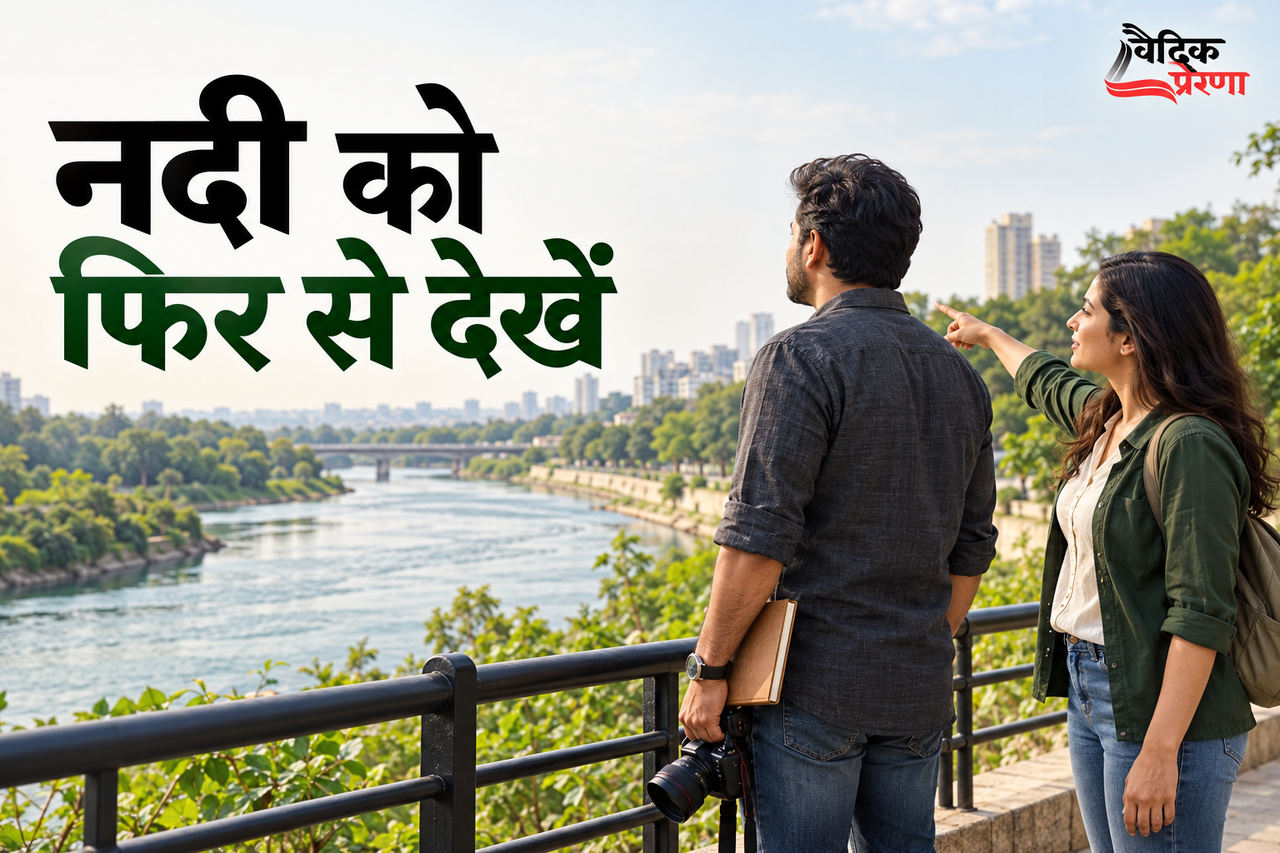 चमकते पानी वाली तस्वीर: अभय ने नदी पर अपना वाक्य बदला